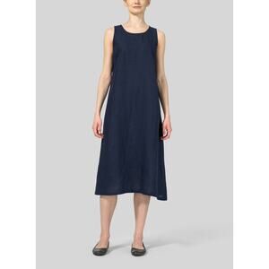 Vivid Large Linen Sleeeless Midi Dress Navy Blue Casual Scoop Neck Tank